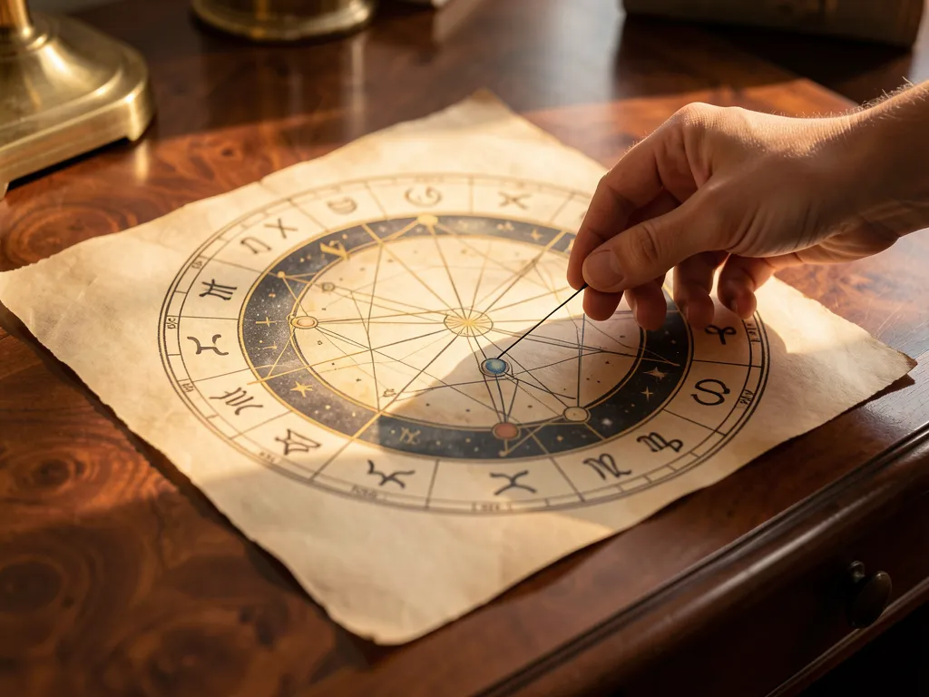 A close up of a hand gently tracing the geometric lines of an astrological natal chart on a wooden desk
