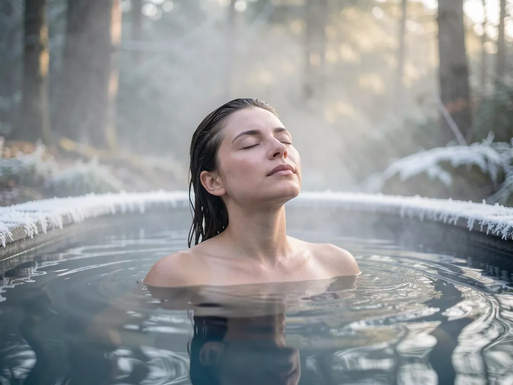A calm woman deeply focused on breathwork while partially submerged in a natural frosty cold plunge pool