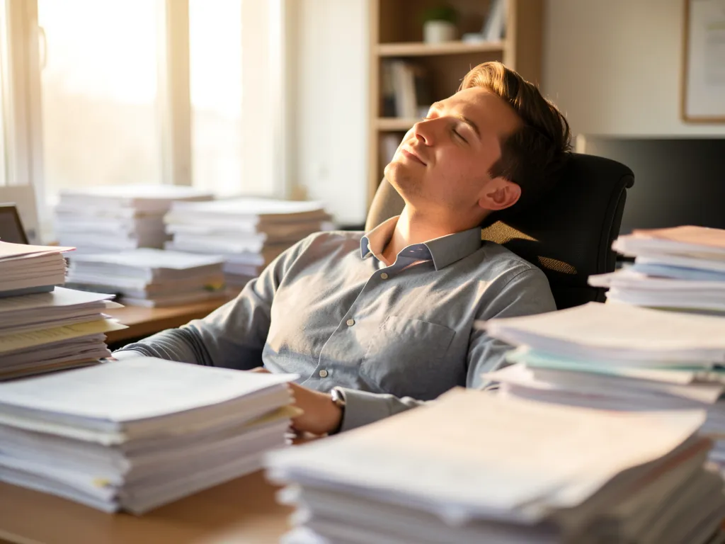 A professional sitting at a desk heavily piled with paperwork, taking a peaceful deep breath