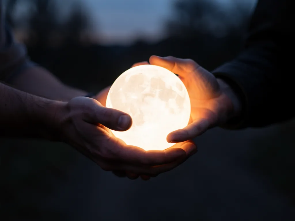 Close-up of hands passing a glowing moon-like orb to another person in twilight