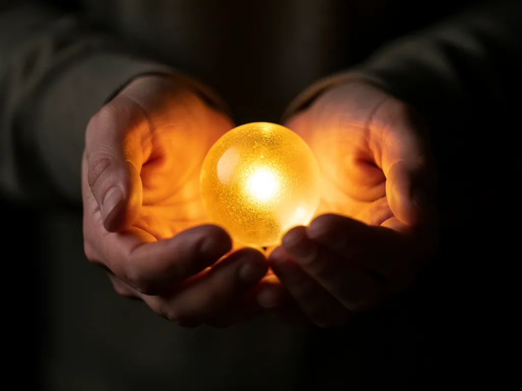 Close-up of gentle hands holding a glowing warm light in the dark, representing the optimism of a Moon trine Jupiter placement