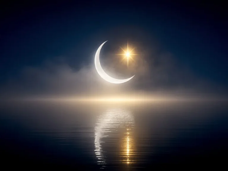 A serene night sky featuring a glowing crescent moon and bright golden star reflecting over a calm ocean, symbolizing emotional abundance and cosmic support.