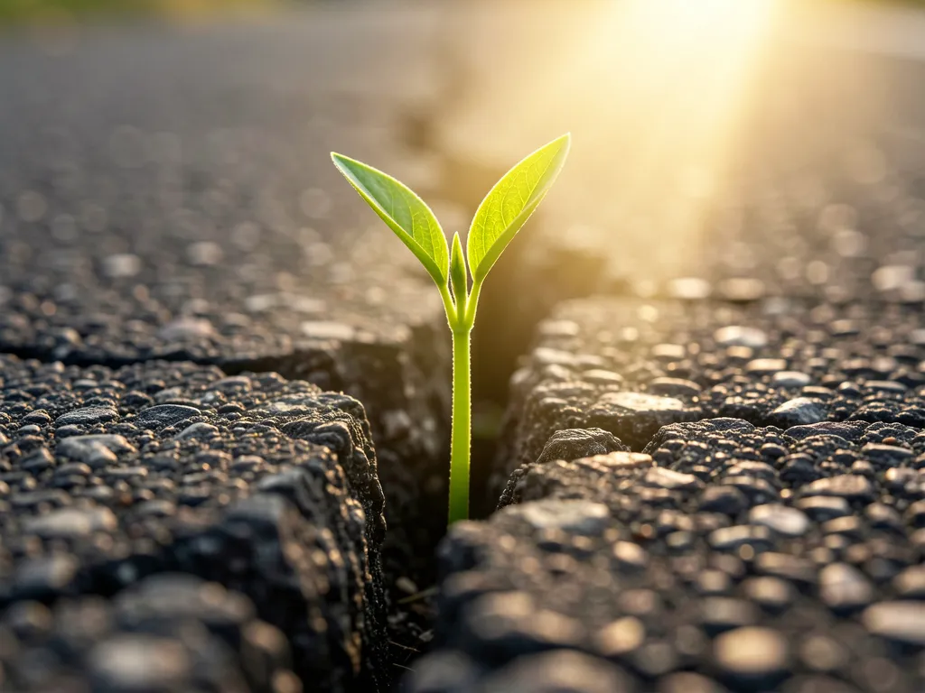 A vibrant green seedling beautifully emerging through a crack in dark asphalt into bright sunlight.